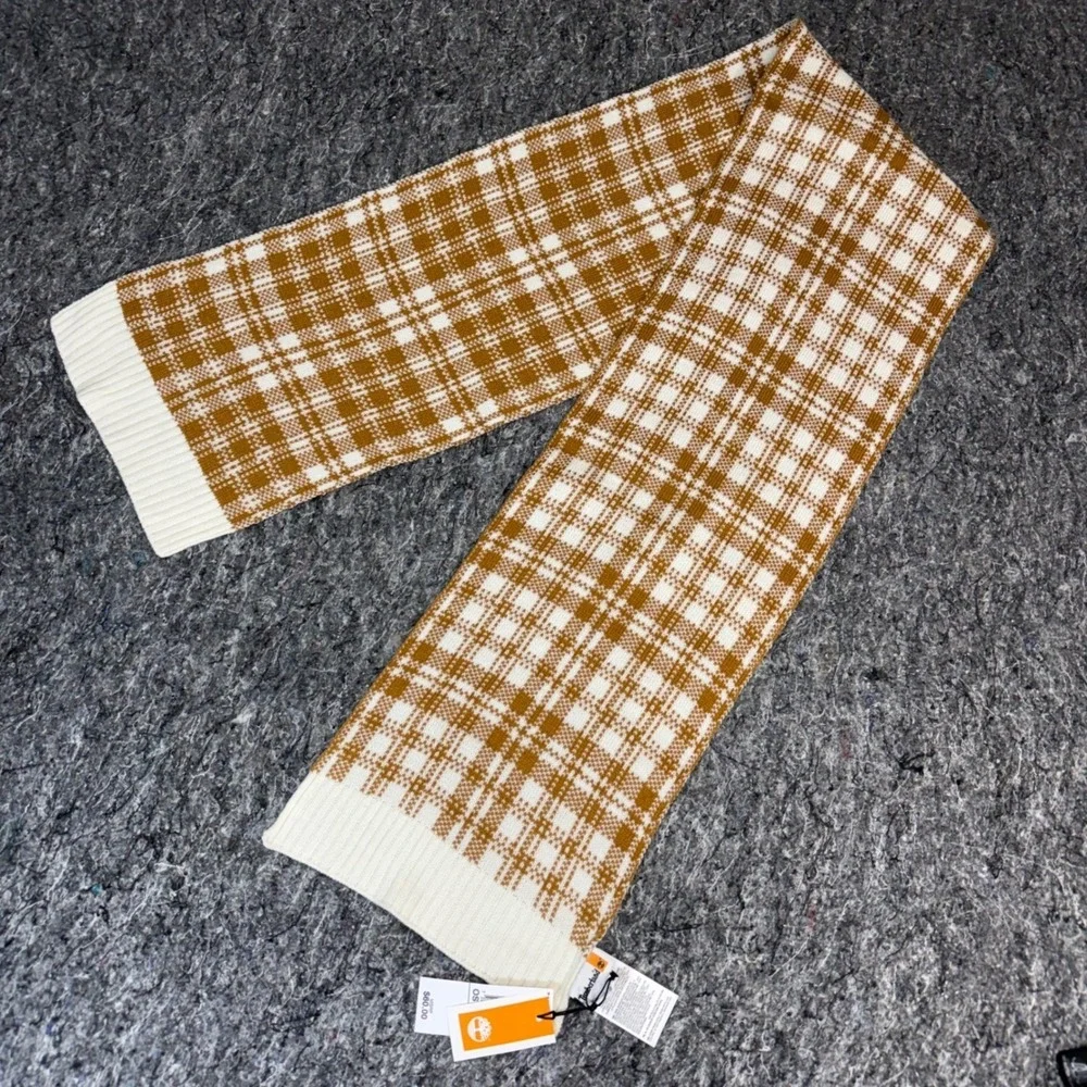Timberland‎ Mens Plaid Knit Scarf Wheat Cream Acrylic Winter Scarf NWT
